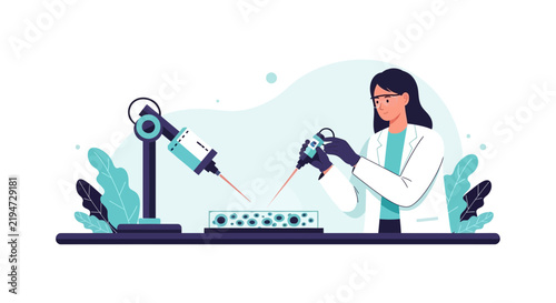 Female Scientist Performing Laser Research and Biotechnology Experiment in Laboratory Flat Illustration