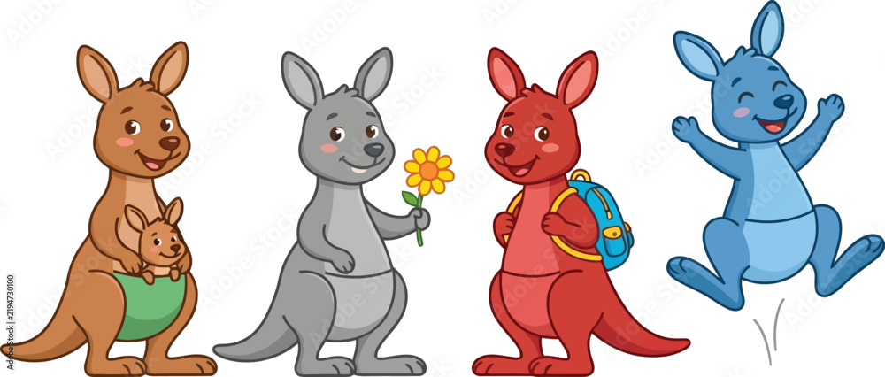 Obraz premium A collection of four colorful cartoon kangaroos with different activities and expressions.