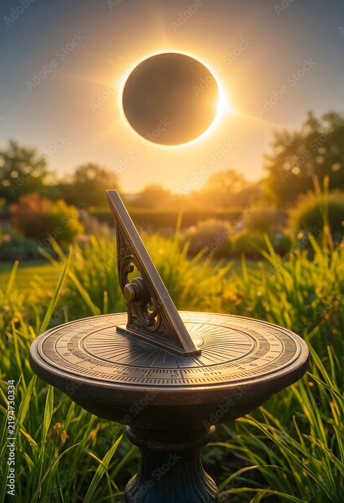 Fototapeta premium Solar eclipse and time passing concept, antique sundial in a garden during a celestial event with golden hour sunlight and astronomical phenomenon