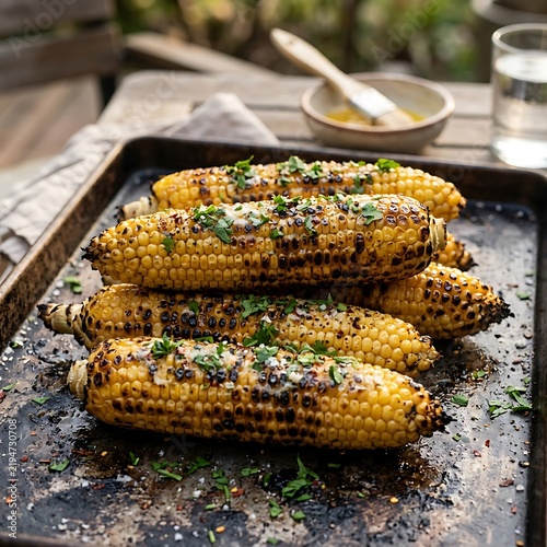 Grilled corn on the cob with herbs and spices on a baking sheet