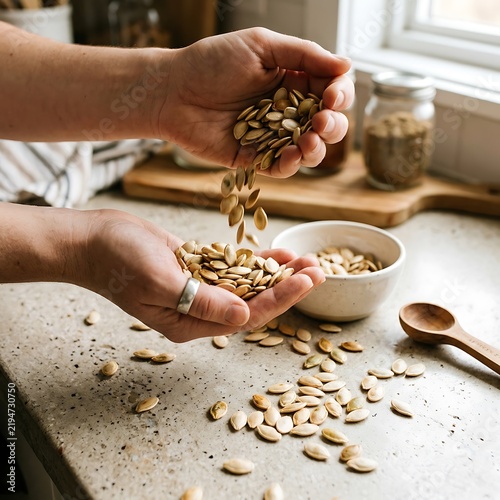 Hands Pouring Roasted Pumpkin Seeds into a Ceramic Bowl in Kitchen Setting