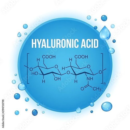 Hyaluronic Acid Chemical Structure Formula Icon with Blue Water Droplets