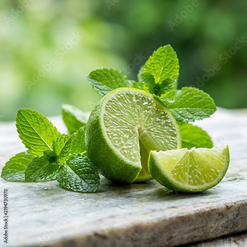 Fresh Green Lime Fruit Halves and Wedges with Aromatic Mint Leaves Macro