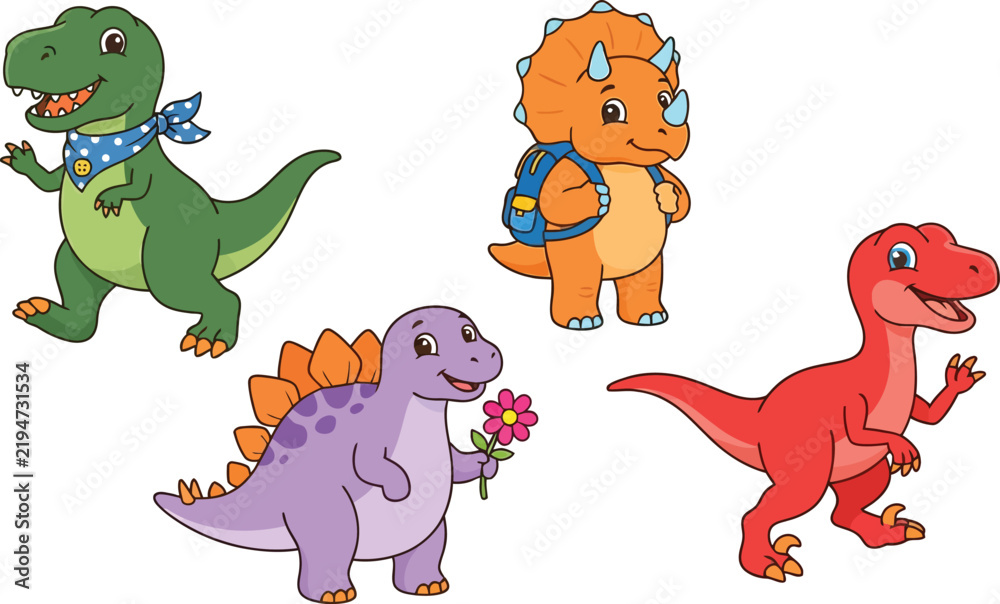 Fototapeta premium A collection of four cute cartoon dinosaurs in various colors and poses.
