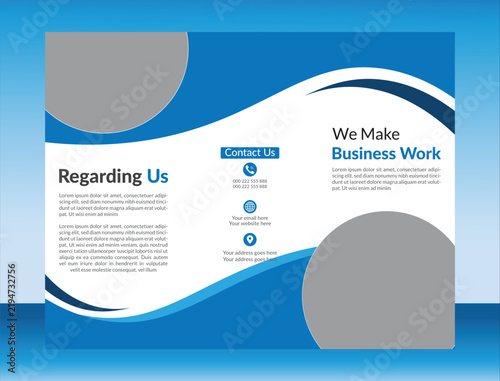 Professional blue trifold brochure template, modern business flyer with wave design, corporate marketing pamphlet layout with photo placeholders