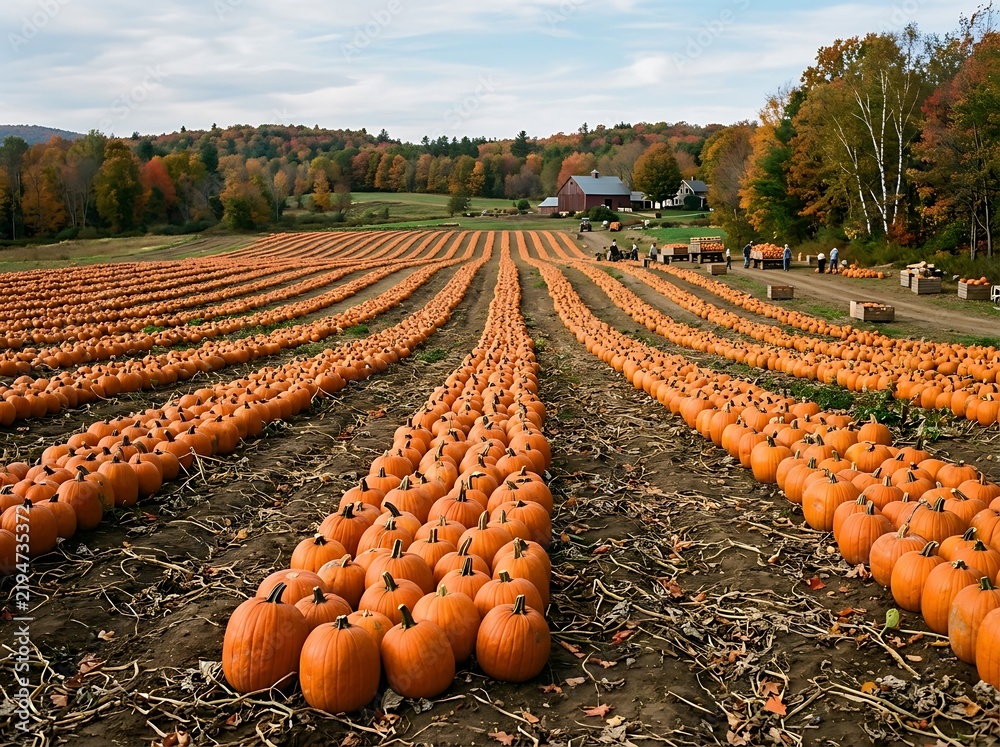 Fototapeta premium Vast harvest rows of orange pumpkins extending toward farm house.