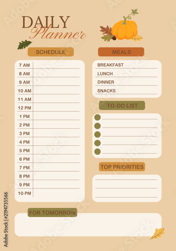 Autumn daily planner template, schedule, meals, to do list, priorities, pumpkin, fall leaves design