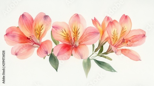 cute watercolor alstroemeria flowers, pastel pink, white background