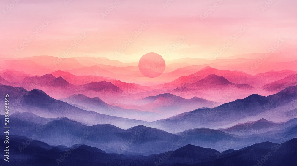 Obraz premium digital watercolor illustration of dreamy red sunset with light purple sky gradients