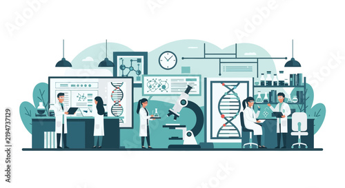 Scientific Laboratory Illustration with Researchers Working on Biotechnology and DNA Analysis