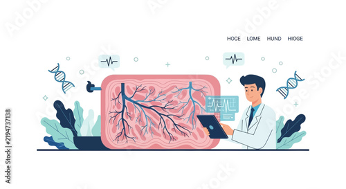 Doctor analyzing human tissue and circulatory system illustration