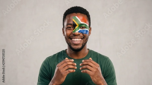 Smiling man with south african flag face paint celebrating culture