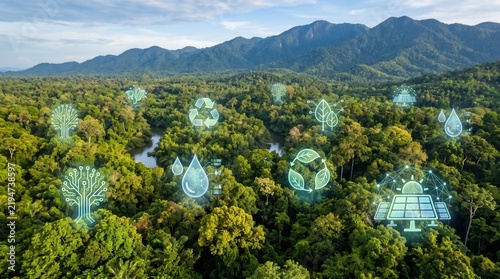 Aerial view of lush forest with eco friendly technology icons