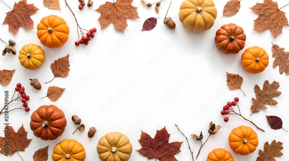 Fototapeta premium Autumn harvest frame featuring orange pumpkins and dried leaves on a white background