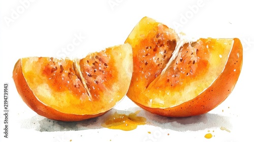 watercolor sapote fruit cut in half, white background