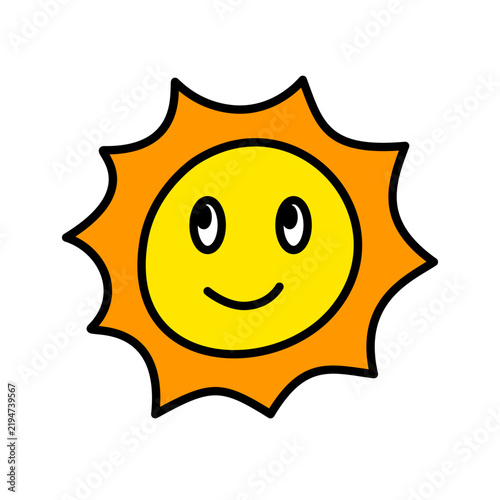 Cute Hand-Drawn Sun with Smiling Face – Bright and Cheerful Cartoon Graphic Element