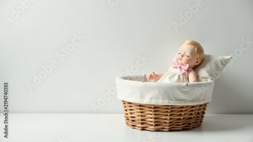 Serene Infant Figurine in a Woven Cradle, Softly Dreaming Against a Simple Background