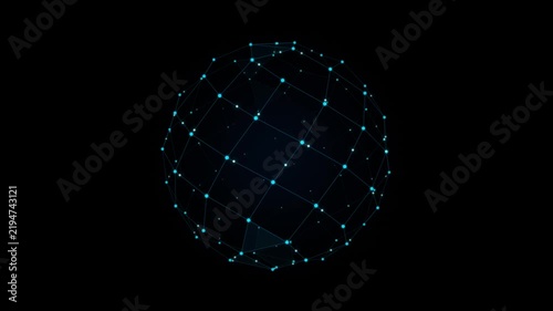 Abstract Digital Network Sphere with Glowing Polygon Connections on Dark Background