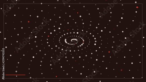 Abstract background, with spiral pattern, of white and, red dots, swirling, arrangement of small, circles on a, dark brown background