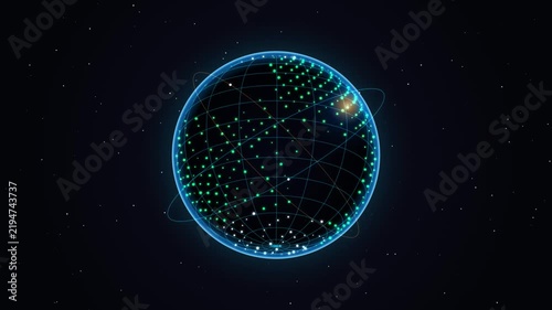 Futuristic Global Digital Network Sphere with Glowing Connections and Data Visualization