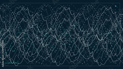 Intersecting wave lines with dotted textures in white and teal on a dark blue background, with a thin, rectangular frame border line