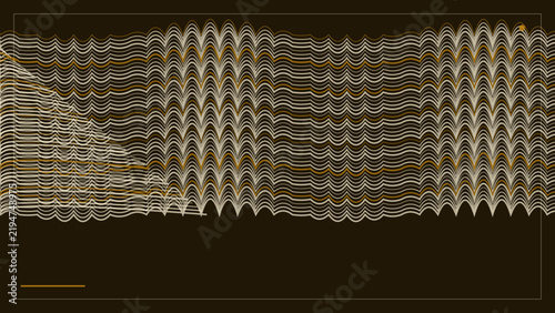 Pattern of wavy lines with arched segments in light beige and orange on a dark brown background, with a thin, rectangular frame border line
