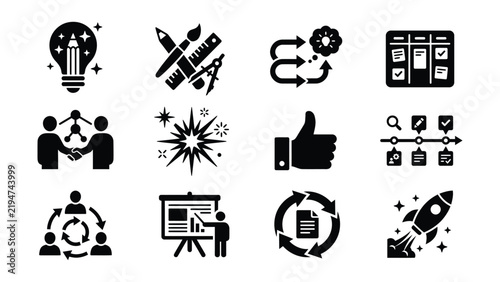 Set of creative business and productivity concept icons with transparent background
