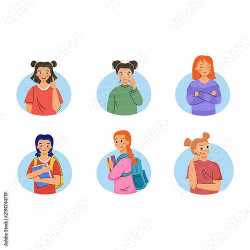 Collection of characters related to school and education. Students are holding book.