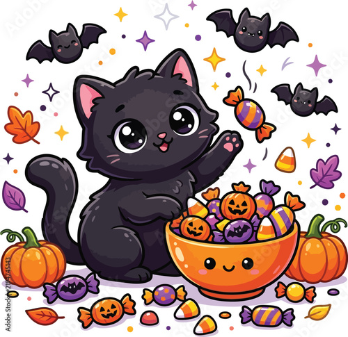 Fotografía Adorable black cat reaching for candy from a pumpkin bowl surrounded by bats, au