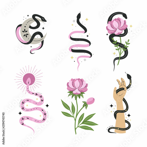 Collection of snakes on a white background. Sketches of aesthetic tattoos. illustration on the theme of tarot and magic.