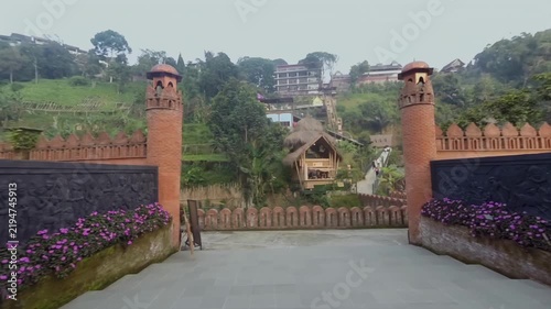 Static view of outdoor entrance gate and mountain nature landscape
