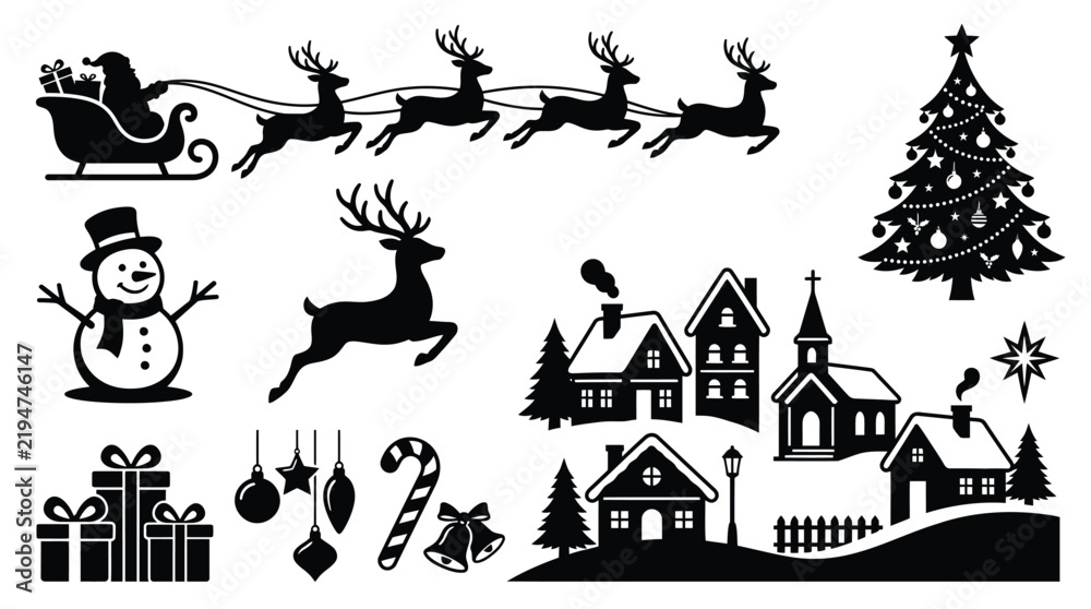 Fototapeta premium Festive winter scene featuring santa reindeer snowman and christmas village elements