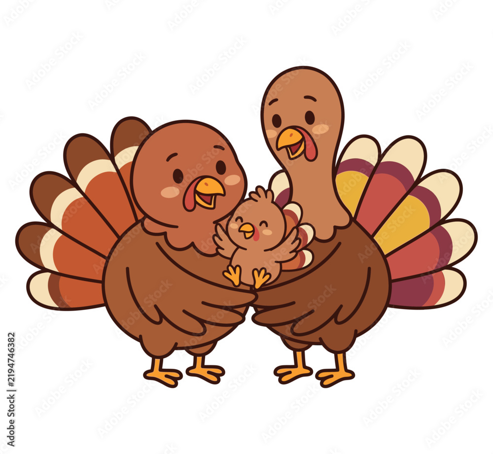 Fototapeta premium Simple turkey family portrait with single chick vector illustration