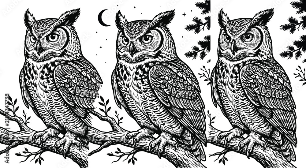 Obraz premium Detailed black and white woodcut style of three horned owls perched on a tree branch against a night sky with a crescent moon