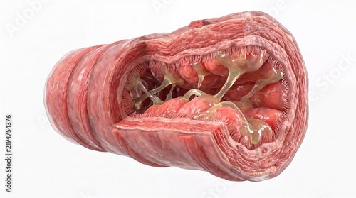 Cutaway 3D Model of Narrowed Bronchiole With Swollen Mucosa and Mucus