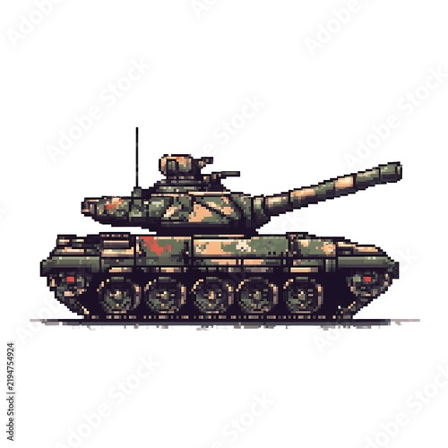 Pixel art illustration of a military tank in camouflage, side view