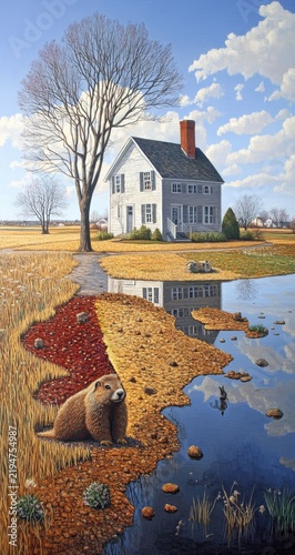 A woodchuck sits near a calm pond reflecting a farmhouse, under a partly cloudy sky, evoking the spirit of Groundhog Day. The scene is peaceful and idyllic