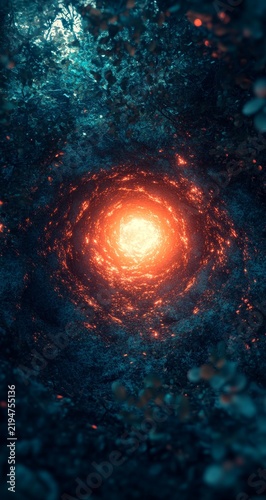 A swirling tunnel of fiery orange light, emanating from a dark, leafy forest, creates a mystical and surreal atmosphere
