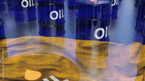 Ukrainian flag with oil barrels. Computer generated 3d render