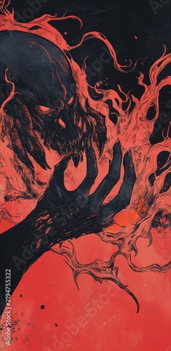 A terrifying skull-like creature emerges from fiery tendrils, clutched in a skeletal hand, creating a dramatic, hellish scene