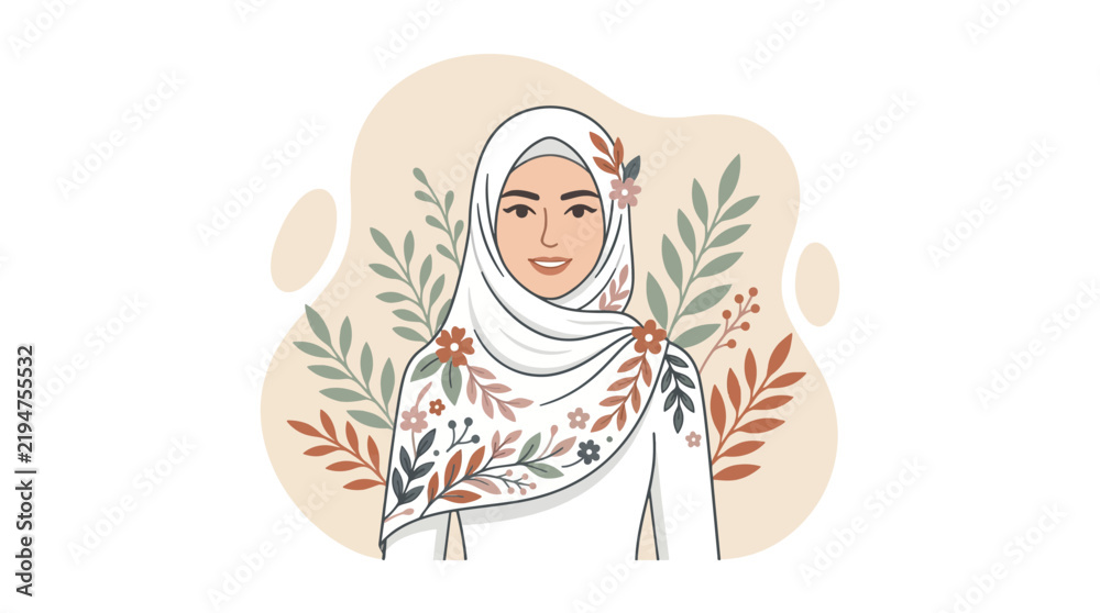 Obraz premium Woman wearing a floral patterned hijab stands gracefully against a soft neutral background surrounded by delicate botanical illustrations.