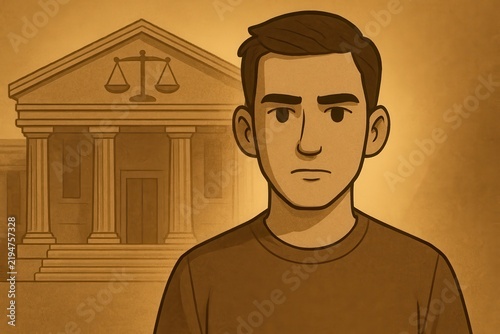 A serious man stands before a courthouse, seemingly facing the justice system, with scales symbolizing law and potentially a court case or trial in his future