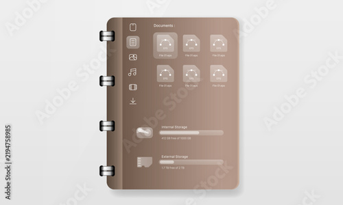 Plakat Digital notebook file manager UI mockup showing vector document files and storage status