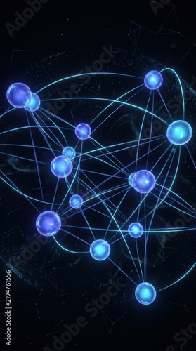 Glowing blue spheres connected by curved threads