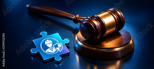 Wooden Gavel with Glowing Blue Puzzle Piece Depicting Worker Shield for Labor Law and Safety Regulations

