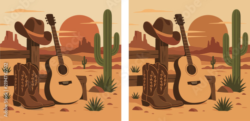 Cowboy Hat Boots and Guitar with Cactus Desert Sunset