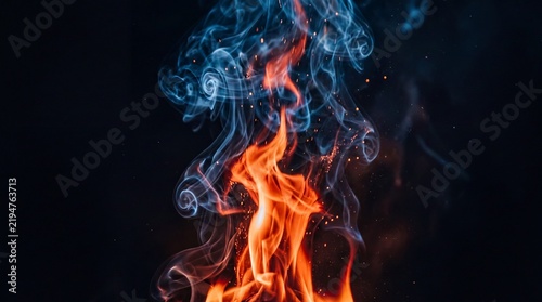 Vibrant flames of fire mingle with delicate wisps of blue and white smoke against a dark background.