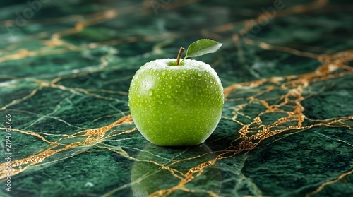 Green apple with fresh water drops rests on a luxurious dark green marble surface with golden veins.