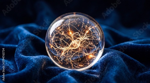 Glass sphere with glowing neural network patterns sits centrally on a dark blue velvet fabric background.