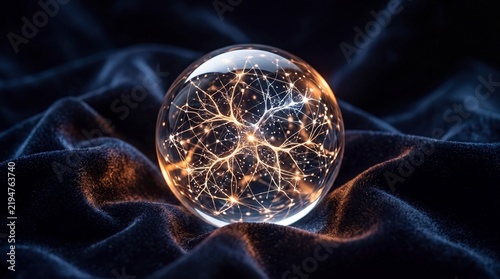 Crystal sphere containing a glowing neural network pattern resting upon dark textured velvet fabric.